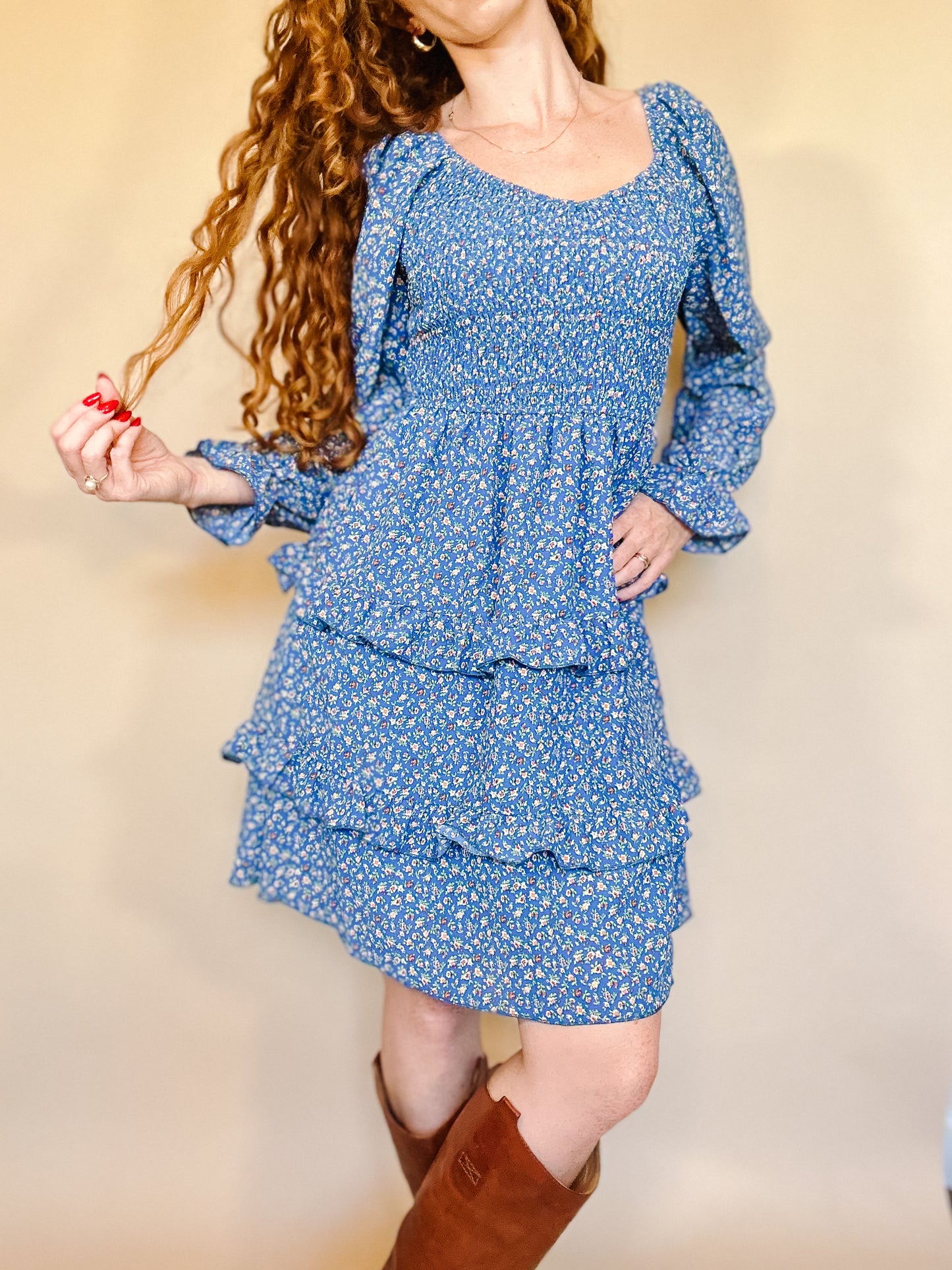 Elena Blue Printed Long Sleeve Dress